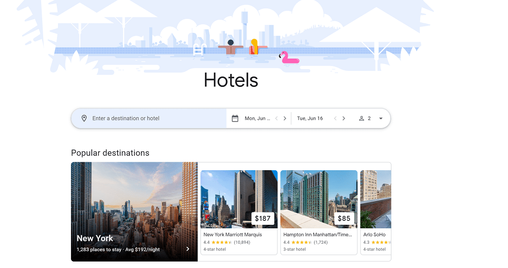 screenshot of google hotels homepage