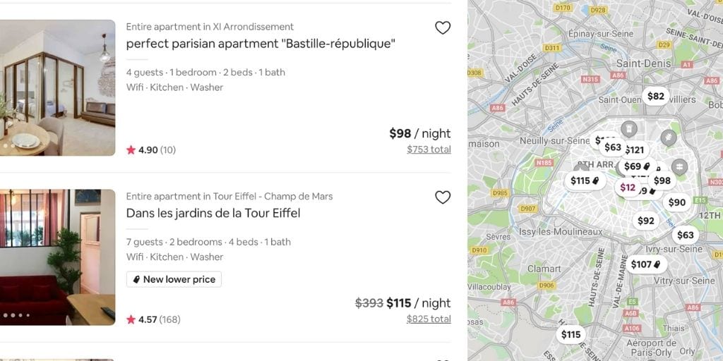 Screenshot of Airbnb vacation rental results of Paris