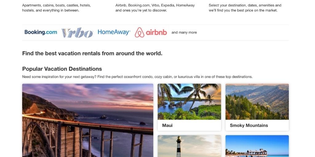 Screenshot of HotelsToGo vacation rental booking sitehomepage