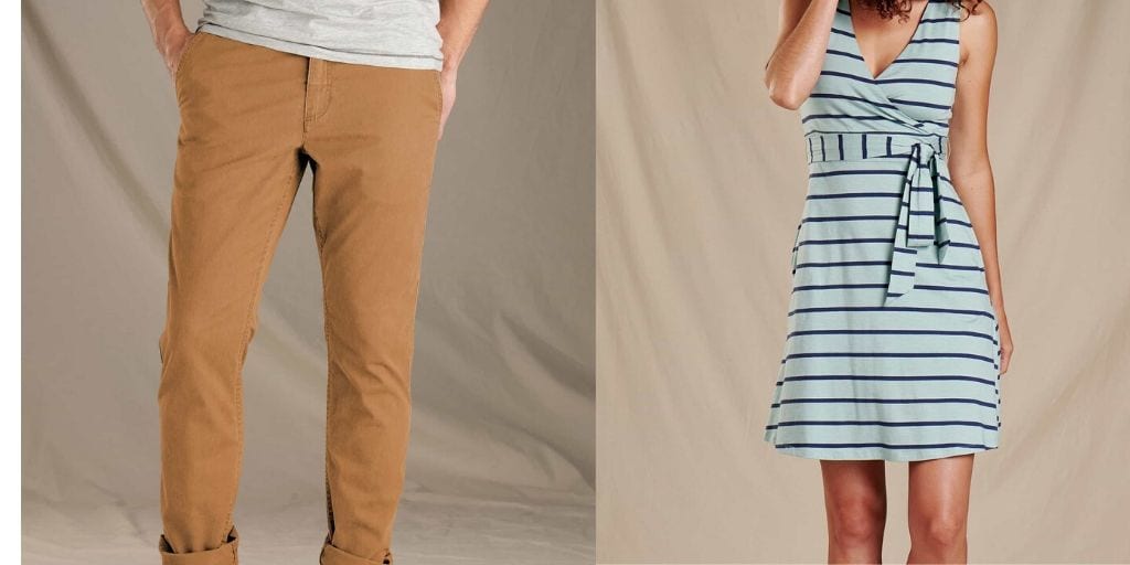 tan trousers and a blue striped dress from Toad&Co.