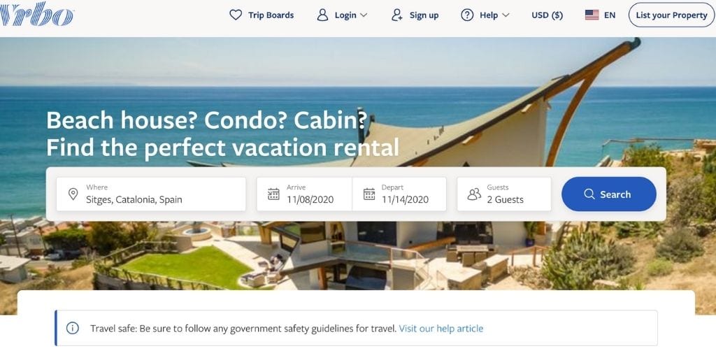 screenshot of Vrbo vacation rental booking site homepage