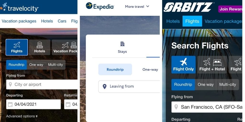 Screenshot of Expedia, Orbitz, Travelocity flight booking sites