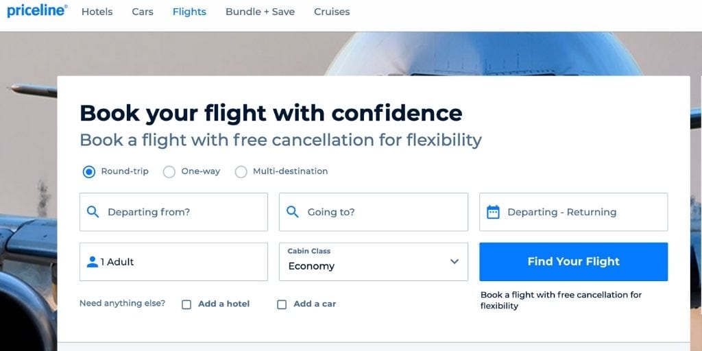 Screenshot of Priceline flight booking site