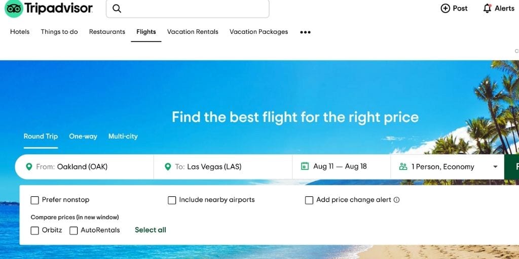 Screenshot of TripAdvisor flight booking site