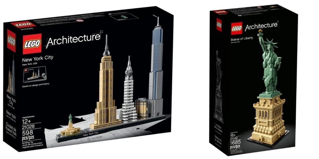 boxes of LEGO Architecture series New York City and Statue of Liberty sets