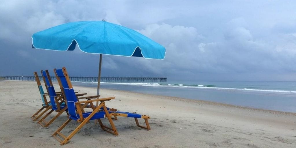 beach chairs and umbrella on great North Carolina family beach at Topsail, North Carolina