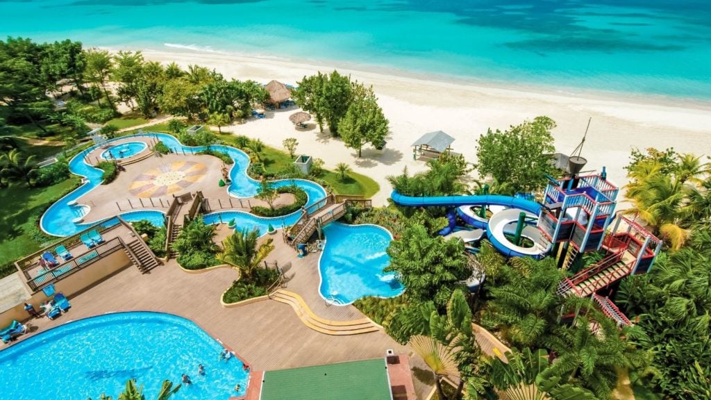 aerial view of waterpark and beach at Beaches Negril all-inclusive beach resort
