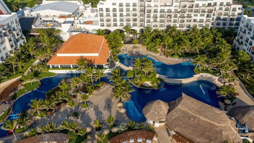 aerial view of hotel and pools at Fiesta Americana Condesa Cancun, one of the best all-inclusive beach resorts