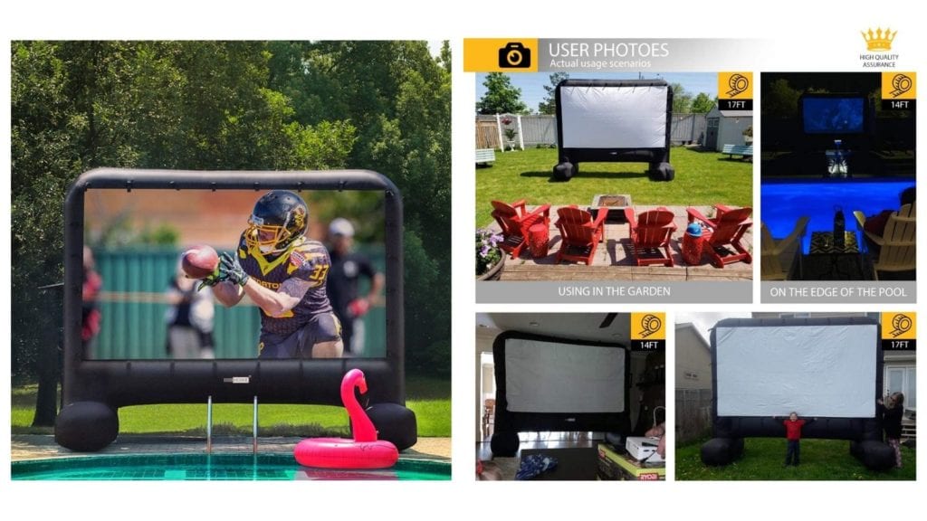 Backyards Naice 20ft Inflatable Movie Screen Tie-Downs & Storage Bag Pool Parties Great for Movie Nights Indoor Outdoor Theater Projector Screen Supports Front & Rear Projection with Blower 