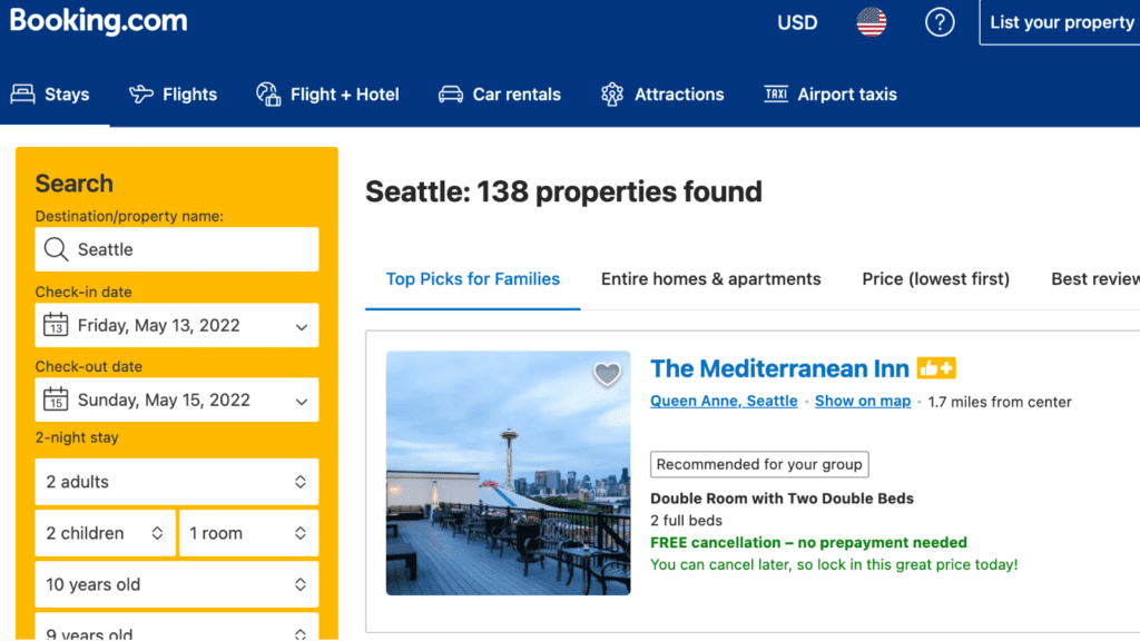 Booking.com hotel booking site search results page example