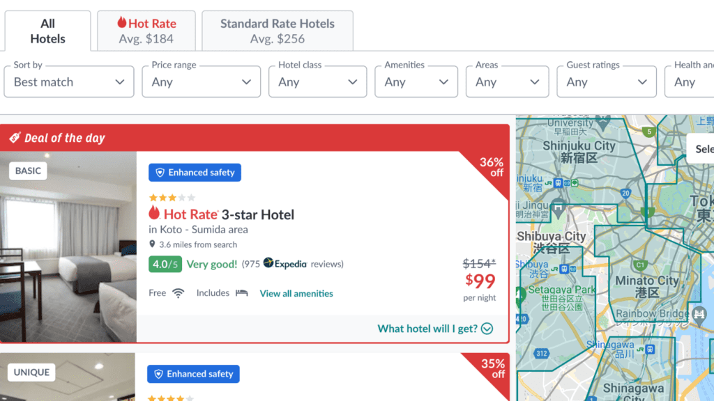 Screenshot of Hotwire hotel booking site results page