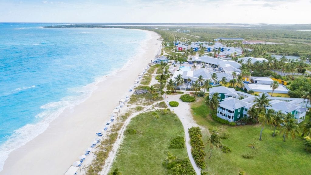 all inclusive Bahamas resort Club Med Columbus Isle, aerial view of resort, beach, and water