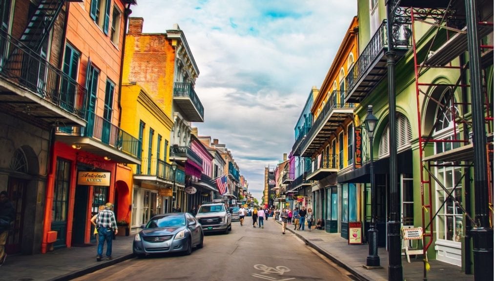 New Orleans in the French Quarter, a view down the street. New Orleans is recognized as one of the best vacation spots for couples