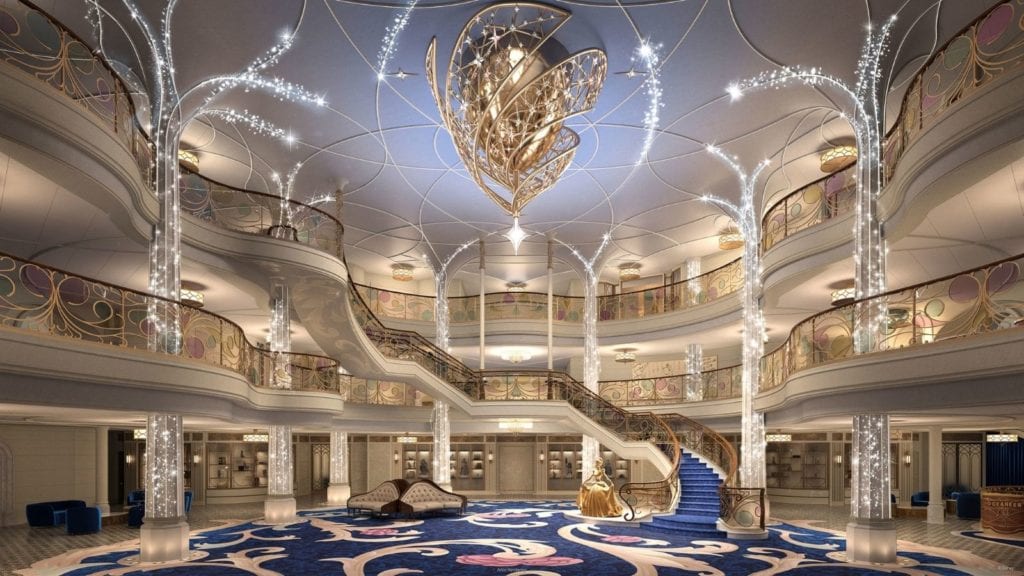 The three-story Grand Hall atrium and Cinderella statue on Disney Wish (Photo: Disney Cruise Line)