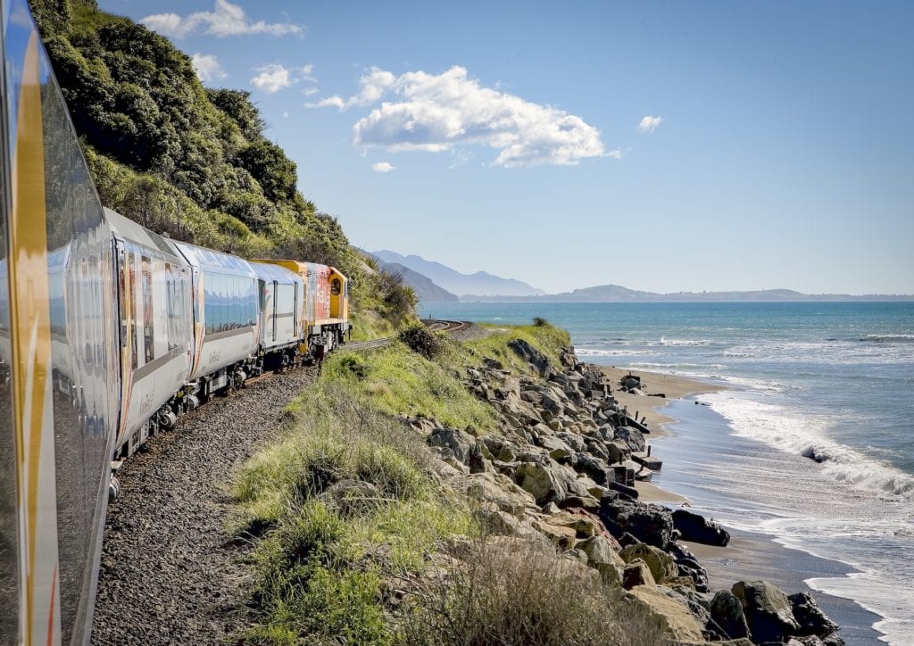 KiwiRail scenic train trip: Mountains and sea near Oaro
