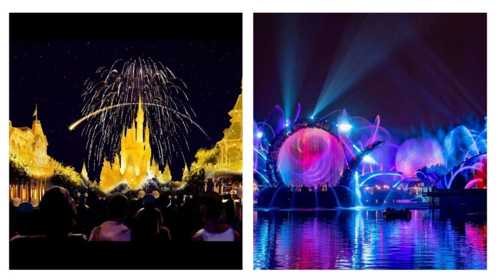 Artists's rendering of the new Disney fireworks displays, "Disney Enchantment" at Magic Kingdom and "Harmonious" at EPCOT.