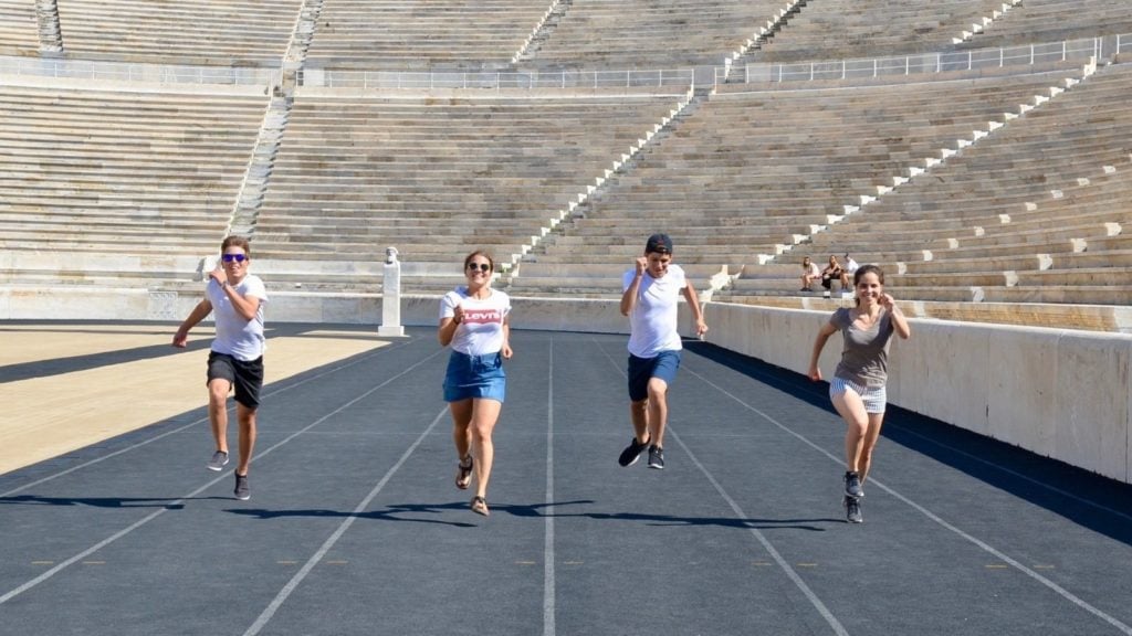 Family race in the Olympic Stadium in Athens (Photo: @rainbow_travellers via Twenty20)