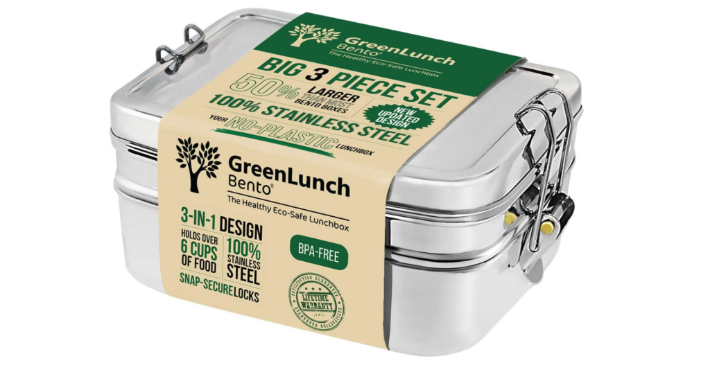 GreenLunch Bento 3-in-1 Stainless Steel Bento Box in packaging