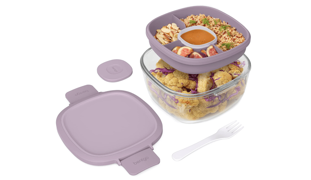 Bentgo Glass - Leak-Proof Salad Container with Large Salad Bowl full of salad and toppings