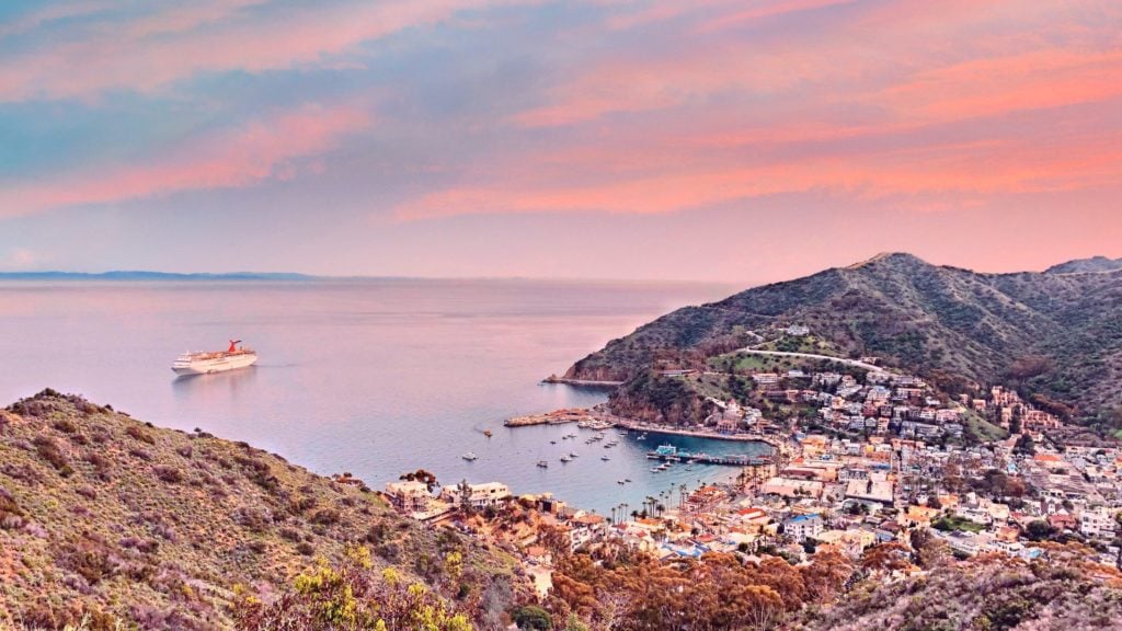 View of Catalina Island and Pacific with pink sky in background