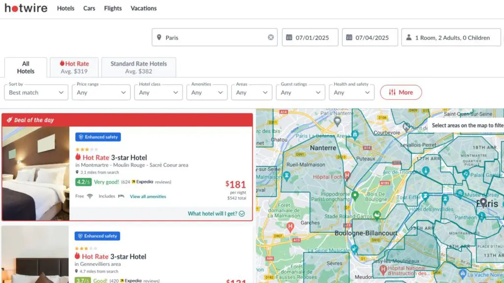 screenshot of hotel booking search results for Paris on Hotwire