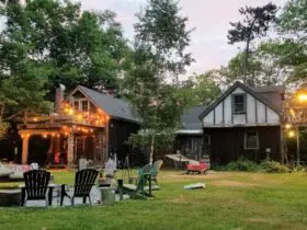 large backyard at dusk