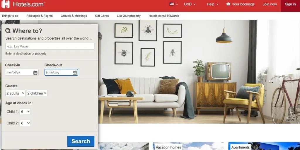 Hotels.com vacation rental booking screenshot