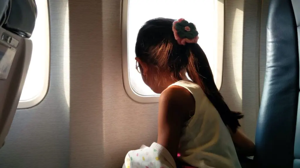 child with ponytail looking out airplane window