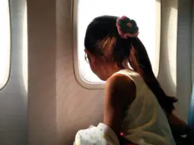 child with ponytail looking out airplane window