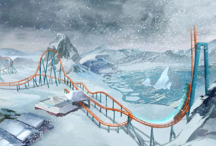 artist rendering of the Ice Breaker coaster at SeaWorld Orlando