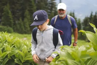 A boy and his grandfather on a skip-gen vacation hiking through an alpine meadow (Photo: @jordvdz via Twenty20)