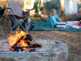 camp fire with kids playing on a blanket 10 feet away