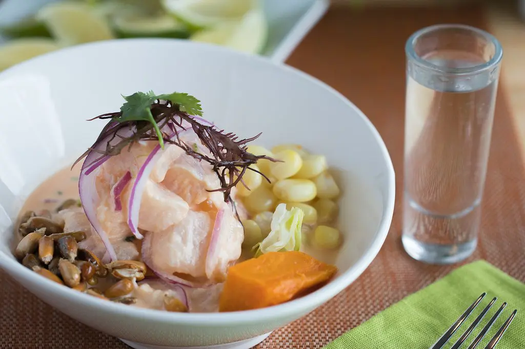 close-up of ceviche and a drink from Dr. Limon Ceviche Bar