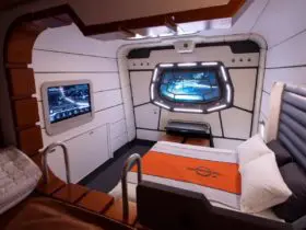 This mock-up of a starship cabin shows the accommodations guests will experience at the Star Wars hotel (Photo: David Roark)