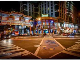 night view of crosswalk and buildings in Washington, D.C. Chinatow