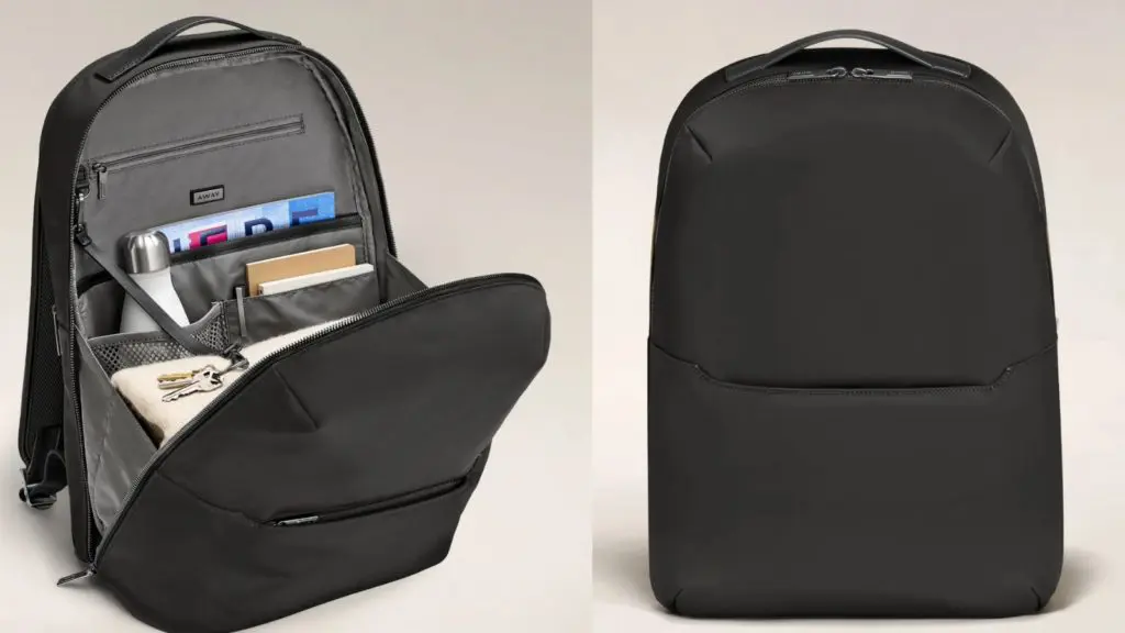 Interior and exterior views of Away's travel backpack called The Everywhere