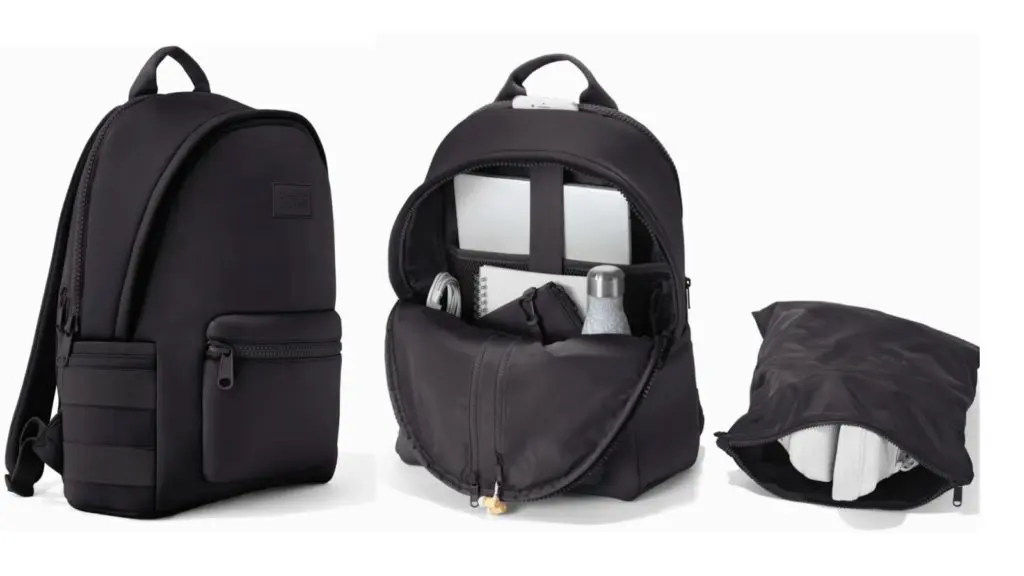 Dagne Dover neoprene backpack, exterior and interior views