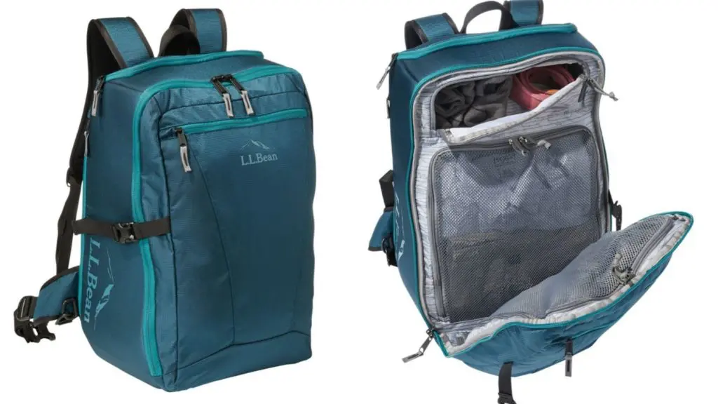 L.L.Bean Approach Travel Pack in teal, shown with the exterior and interior