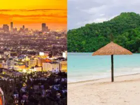 Split image showing rush hour at sunset in Los Angeles on the left and a single umbrella on a Cayman Island beach on the right