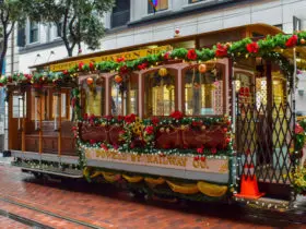 San Francisco cable car decorated for the holidays