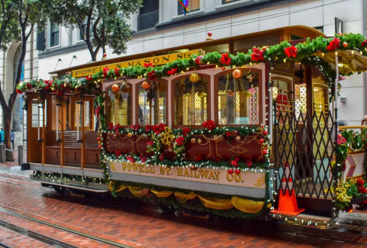 San Francisco cable car decorated for the holidays