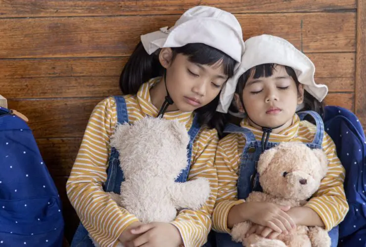 Two jet lagged children holding teddy bears and napping on a train (Photo: Envato:FamilyStock)