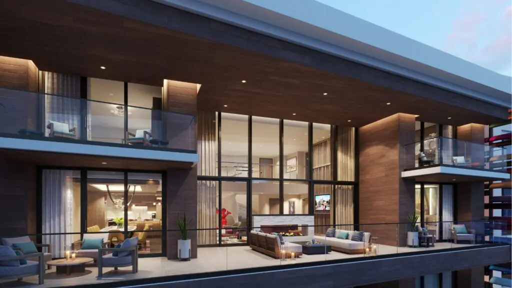 Concept art: A double-sided fireplace will connect the spacious living area with a private outdoor balcony in the three-bedroom grand villas at The Villas at Disneyland Hotel (Credit: Disney)