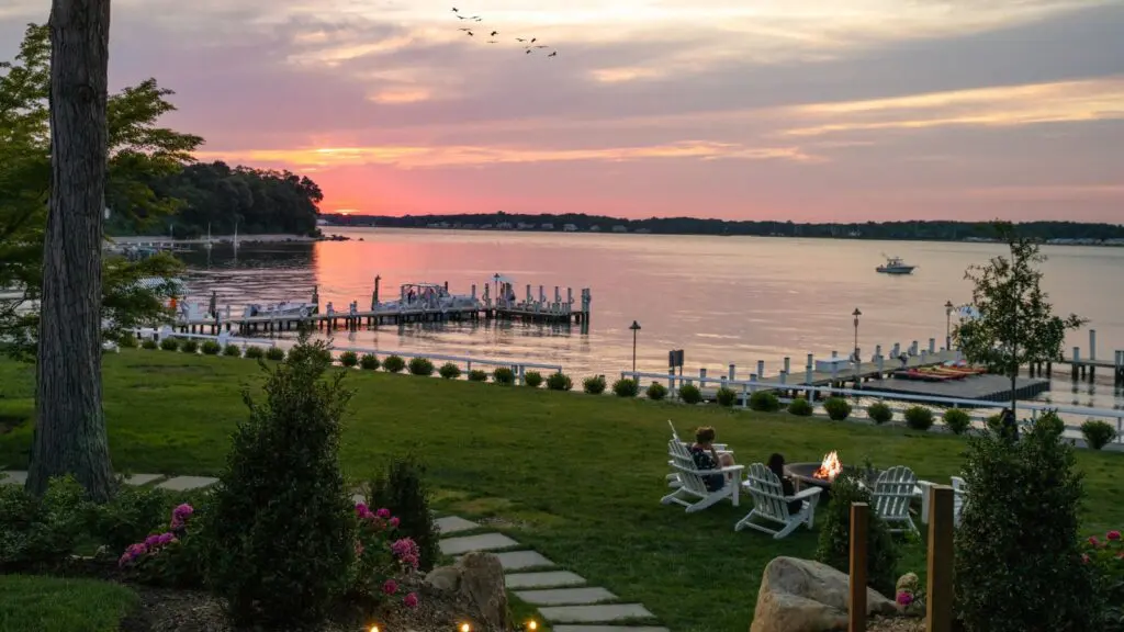 Waterfront lawn and fire pit at The Pridwin in Shelter Island, New York (Photo: The Pridwin)