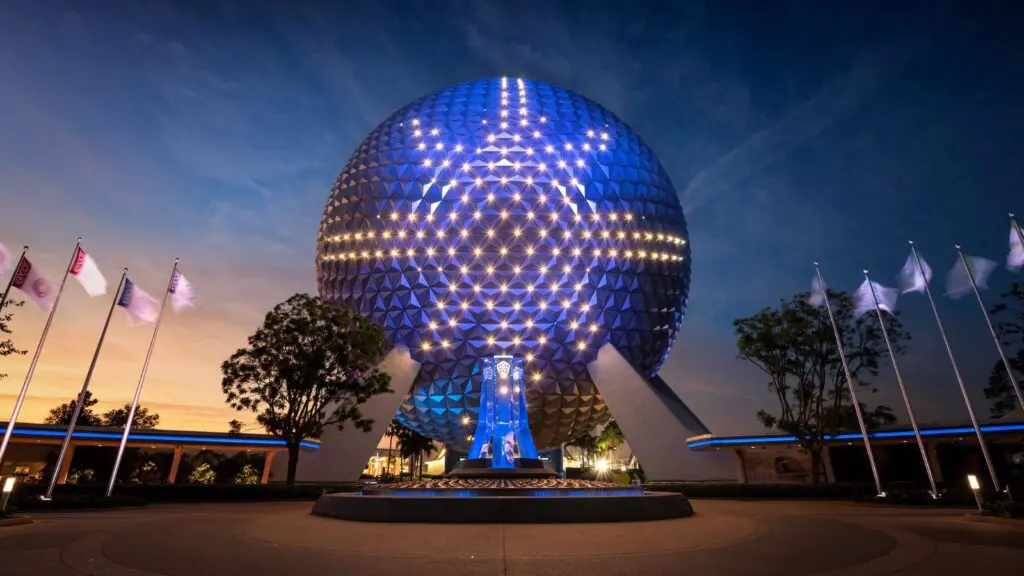A new holiday light display shines across Spaceship Earth during the EPCOT International Festival of the Holidays (Photo: Kent Phillips)