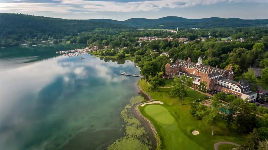 An aerial view The Otesaga Resort Hotel on the shores of Otsego Lake