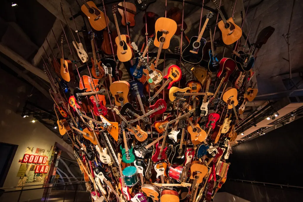 A sculpture made of guitars at the Museum of Pop Culture