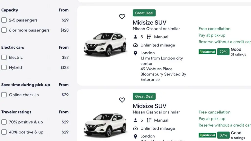 screenshot of expedia car rental booking site results page, with a view of some of the filters