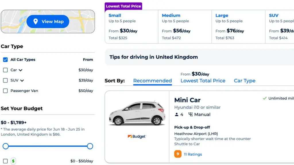 screenshot of Priceline's car rental booking deals with a view of vehicle types and filters