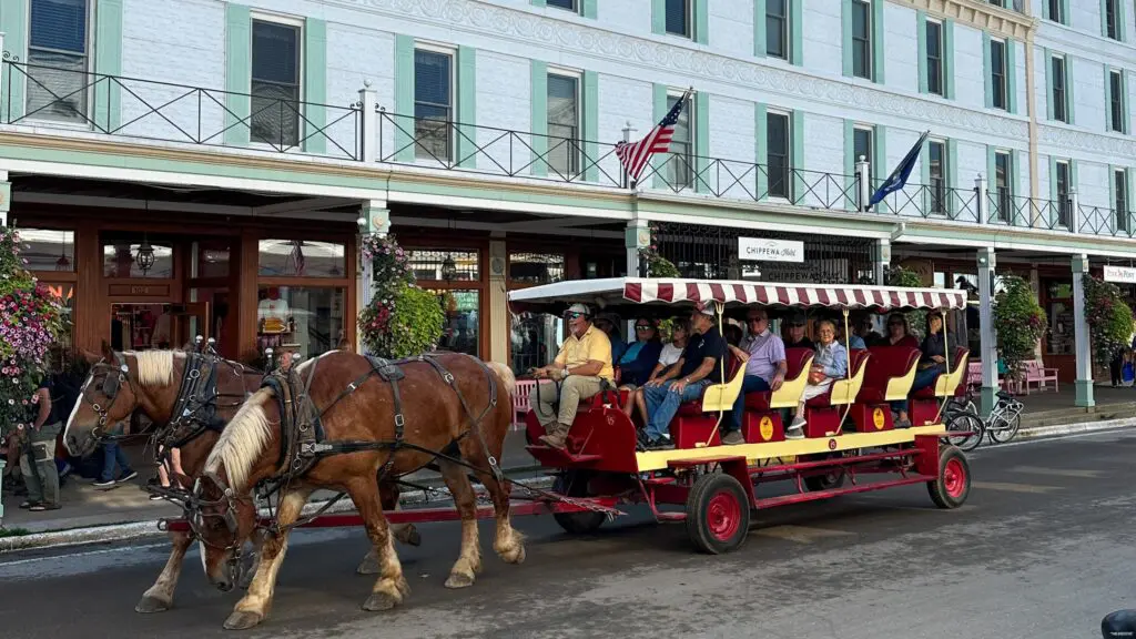 A horse-drawn carriage in the downtown area on Mackinac Island